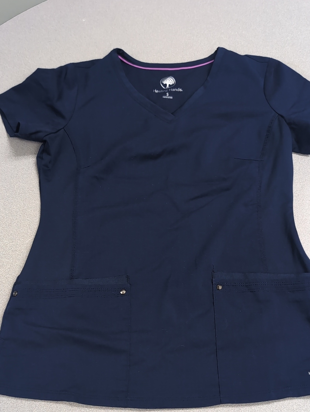 Healing Hands Navy Short-Sleeve V-Neck Scrub Top with Pink Trim